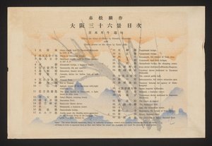 جدول المحتويات ستة وثلاثون مشهدًا لأوساكا بواسطة Rinsaku Akamatsu مع قصائد Haiku حول مناظر Getto Aoki (العنوان على الكائن) ستة وثلاثون مشاهدة لأوساكا (عنوان المسلسل) Ôsaka sanjûrokkei (عنوان المسلسل على الكائن) بواسطة أوكي جيتو (بعد)
