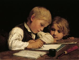 صبي يكتب مع أخته ، 1875 بواسطة ألبرت أنكر