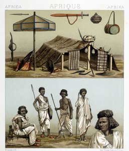 المعسكر والملابس التقليدية من النوبة. رسم توضيحي في "" Le costume historyique "" لـ Racinet بواسطة ألبرت تشارلز أوغست راسينت