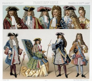 أزياء وتسريحات شعر النبلاء الفرنسيين في القرن الثامن عشر. رسم توضيحي في "" Le costume historyique "" لـ Racinet
