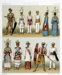 سكان جزر سيليبس في إندونيسيا. رسم توضيحي في "" Le costume historyique "" لـ Racinet بواسطة ألبرت تشارلز أوغست راسينت