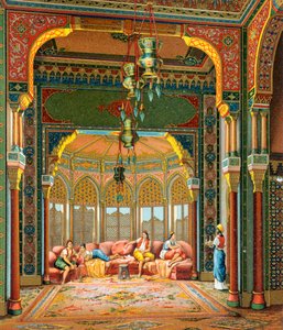 الجزء الداخلي من المبنى التركي ، رسم توضيحي من تاريخ الأزياء الكامل بواسطة Auguste Racinet بواسطة ألبرت تشارلز أوغست راسينت