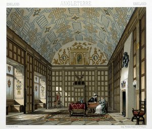 تصميم داخلي لمنزل فخم في إنجلترا في القرن السابع عشر. رسم توضيحي في "" Le costume historyique "" لـ Racinet بواسطة ألبرت تشارلز أوغست راسينت