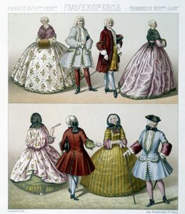 رجال ونساء يرتدون أزياء القرن الثامن عشر العصرية في فرنسا. رسم توضيحي في "" Le costume historyique "" لـ Racinet بواسطة ألبرت تشارلز أوغست راسينت