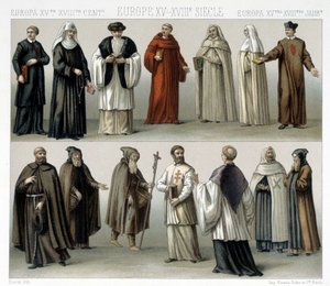 أزياء رهبانية في أوروبا من القرن الخامس عشر إلى القرن الثامن عشر. رسم توضيحي في "" Le costume historyique "" لـ Racinet