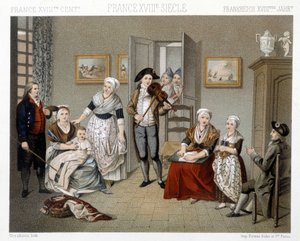 يلعب الموسيقيون دورهم في اقتحام الأسرة داخل المنزل. رسم توضيحي في "" Le costume historyique "" لـ Racinet بواسطة ألبرت تشارلز أوغست راسينت