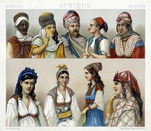 الأزياء التقليدية وأغطية الرأس الرجالية والنسائية في الجزائر. رسم توضيحي في "" Le costume historyique "" لـ Racinet