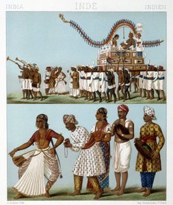 النقل والموسيقى والرقص والأزياء التقليدية في الهند. رسم توضيحي في "" Le costume historyique "" لـ Racinet بواسطة ألبرت تشارلز أوغست راسينت
