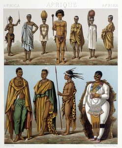 رجال مختلفون من جنوب إفريقيا. رسم توضيحي في "Le costume historyique" بقلم Racinet بواسطة ألبرت تشارلز أوغست راسينت