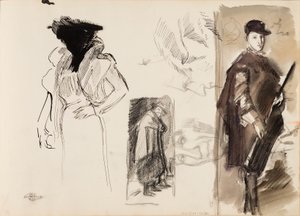 رسومات تخطيطية، مينيبوس والكاردينال-إنفانتي فرديناند النمساوي، في ثوب الصيد على غرار دييغو فيلاسكيز ورسم تخطيطي لبورتريه لمغني الأوبرا آينو أكتى بواسطة ألبرت إيدلفيلت