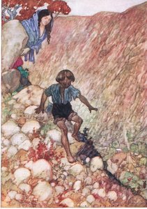 سقط مثل الرجل الصغير الشجاع كما كان ، من حانة The Water Babies ، بقلم همفري ميلفورد ، مطبعة جامعة أكسفورد ، حوالي عام 1930 (لون ليثو) بواسطة ألبرت إدوارد جاكسون