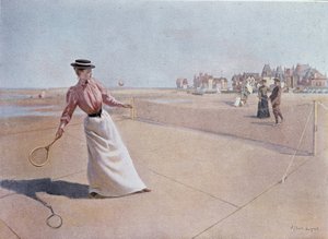Amateur tennis match on the beach - drawing by Lynch, 20th century بواسطة ألبرت لينش