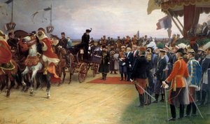 الرئيس إميل لوبيت (1836-1929) يرحب بالقيصر نيكولاس الثاني (1868-1918) والإمبراطورة ألكسندرا في 21/09/1901 في معسكر بيثيني لوحة لألبرت داوانت (1852-1923) 1905 شمس ، 09x3،56 م