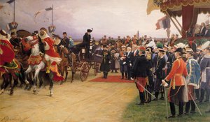 الرئيس إميل لوبيت (1838-1929) يرحب بالقيصر نيكولاس الثاني (1868-1917) وتسارينا ألكسندرا (1872-1918) في المعسكر في بيتيني ، 21 سبتمبر 1901 ، ص 1905