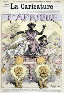 رسم كاريكاتوري عن الاستعمار في إفريقيا "" تفريغ كبير للمستجدات الاستعمارية الأفريقية ، حدد اختيارك! قارة كاملة للمشاركة ، مناسبات رائعة ، شرائح من الكونغو ، قطع من غينيا "بقلم روبيدا - في" "لا كاريكاتور" من 05/02/1887 بواسطة ألبرت روبيدا