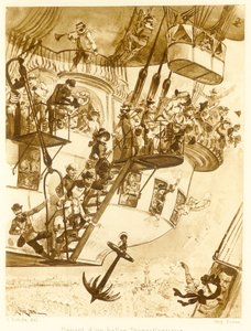 رحيل منطاد عبر الأطلسي ، من Le Vingtieme Siecle ، حانة. 1883 ليثوغراف ، 1883. بواسطة ألبرت روبيدا