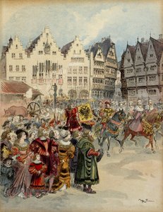 انتخاب تشارلز الخامس (1500-1558) إمبراطورًا لألمانيا في 28 يونيو 1519. يمر الموكب السبعة للناخبين في شوارع فرانكفورت (ألمانيا). توضيح بواسطة ألبرت روبيدا