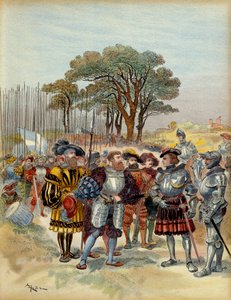 الحرب الإيطالية الخامسة (1515-1516): في المعسكر المنسحب من بيكوكا (بيكوك) أمام ميلانو (إيطاليا) ، في عام 1516 ، طالب السويسريون بدفع رواتب أو اندلاع أو معركة ، أوديت دي فوا ، فيسكونت دي لوتريك ، مارشال فرنسا (1485-1528) لم يستطع الدفع لهم. توضيح بواسطة ألبرت روبيدا