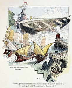 جاليفر وقاربه العملاق في ميناء Lilliputians - في "" Voyages de Gulliver "" لجوناثان سويفت (1721). بواسطة Robida بواسطة ألبرت روبيدا