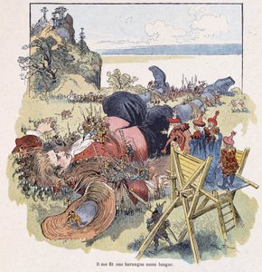 Gulliver tied up by the Lilliputians - in “” Gulliver Voyages”” by Swift, ill. by Robida بواسطة ألبرت روبيدا