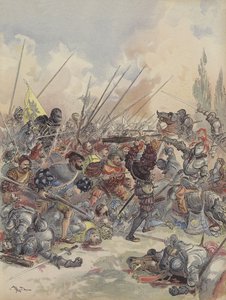الملك في بافيا ، يسقط من حصان ، مصابًا ، يحارب سرب المهاجمين الذي يحيط به (لون ليثو) بواسطة ألبرت روبيدا