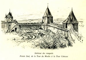 مدينة كاركاسون من العصور الوسطى (أود، لانغدوك، مقاطعة كاثار) - داخل الأسوار، الطرف الجنوبي، من برج مولان إلى برج كاهوزاك - موقع المسرح في الهواء الطلق - نقش رومانسي لألبرت روبيدا (1848-1926) في كتاب منشور في البيجي بواسطة ألبرت روبيدا