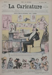 جريمة قتل أو طلاق ، غلاف "كاريكاتير" يصور الكسندر دوماس فلس (1824-1895) كـ "خبير" في الدراما الزوجية ، 1 يناير 1880 بواسطة ألبرت روبيدا