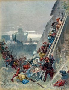 الحرب الإيطالية السابعة (1526-1529): وفاة تشارلز الثالث ملك بوربون (1490-1527) عند حصار روما في 6 مايو 1527. رسم توضيحي بواسطة ألبرت روبيدا