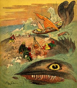 السندباد البحار (سندباد) - قصة ألف ليلة وليلة (1001) - كتاب 1948 يحكي مغامراته (طبعة فورتين، مجموعة التصوير الرائع للطفولة) - رسم لألبرت روبيدا (1848 - 1926): السندباد ورفاقه قد فشل بواسطة ألبرت روبيدا