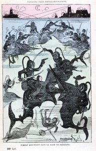 قتال تحت الماء في خليج باباجايو (صيادون يركبون الأسماك) ، محاكاة ساخرة لـ Jules Verne ، "" رحلات غير عادية للغاية لـ Saturnin Farandoul في 5 أو 6 أجزاء من العالم وفي جميع البلدان المعروفة أو غير المعروفة للسيد Jules Verne "بواسطة Robida ، با بواسطة ألبرت روبيدا