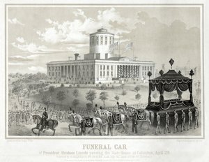 سيارة جنازة الرئيس أبراهام لنكولن تمر بمقر الولاية في كولومبوس ، 29 أبريل ، حانة. 1865 (نقش) بواسطة ألبرت روجر