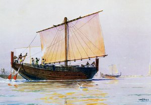 سفينة تجارية فينيقية تصل إلى فاروس، لوحة مائية لألبرت سيبيل (1874-1953)، القرن العشرين