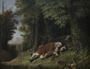 Rip Van Winkle Asleep، 1879-80 (زيت على علب)