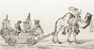 عازف الأرغن بول هوفانر يلعب في عربة رسمها جمل ، حوالي 1880 (نقش)