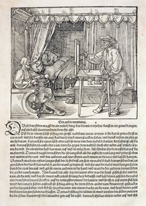 فنان يستخدم آلة الرسم من Durer لرسم شكل ، من "دورة في فن الرسم" بواسطة ألبريشت دورر ، نشر نورمبرغ 1525 (انظر أيضًا 310983) بواسطة ألبريشت دورر
