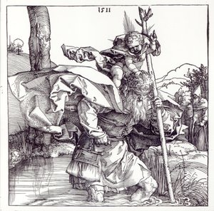 القديس كريستوفر الذي يحمل المسيح الرضيع ، 1511 (نقش خشبي) (صور من وزن الجسم) بواسطة ألبريشت دورر