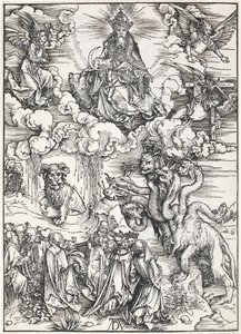 الوحش ذو الرؤوس السبعة والوحش مع قرون الحملان ، من نهاية العالم للقديس يوحنا ، 1496-1498 بواسطة ألبريشت دورر