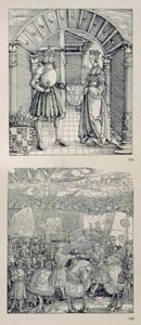 قوس النصر للإمبراطور ماكسيميليان الأول من ألمانيا (1459-1519): تفاصيل توضح لوحتين موضوعتين فوق البوابة اليسرى تصور (أعلى) ماكسيميليان الأول وزوجته الأولى ماري بورجندي (1457-82 بواسطة ألبريشت دورر