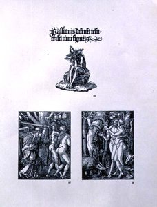 ثلاث صفحات من سلسلة Small Passion: (أعلى) صفحة العنوان مع المسيح كرجل الأحزان ونقش لاتيني ؛ (يسار) الطرد من الجنة ؛ (يمين) آدم وحواء حانة. 1511 بواسطة ألبريشت دورر