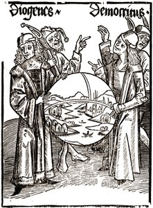 Diogenes (-413 - -327) و Democritus (-460 - -370) - في "" Das Narrenschif (قارب الحمقى) "لسيباستيان براندت (1458 - 1521). نقش. بواسطة ألبريشت دورر