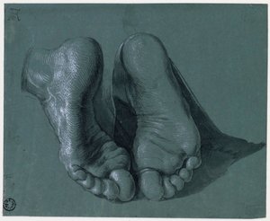 Etude de pieds - دراسة قدمين - رسم ألبرشت دورر (1471-1528) ، ألوان مائية ، لون أبيض ، طباشير أسود على ورق ، c1508 (17.6x21.6 سم) - متحف Boijmans Van Beuningen ، روتردام بواسطة ألبريشت دورر