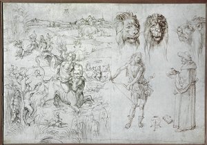 اغتصاب يوروبا، ورؤوس الأسود، والرامي، والحكيم، والجمجمة (رسم) بواسطة ألبريشت دورر أو ديرير
