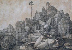القديس أنتوني جالسًا أمام مدينة - نقش على النحاس بواسطة ألبريشت دورر (1471-1528) بواسطة ألبريشت دورر