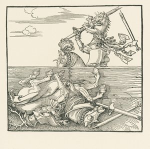 البطولة الأجنبية. ماكسيميليان يرفع خصمه جاكوب دي هيري عن السرج، حوالي 1517-1518 (نقش خشبي) بواسطة ألبريشت دورر أو ديرير