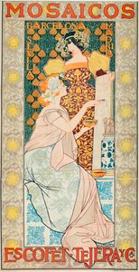 إعلان لبلاط العلامة التجارية "Escofet، Tejera y Cia" - مطبوعات حجرية بواسطة Alexandre de Riquer i Ynglada (1856-1920)