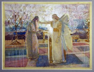 رئيس الملائكة غابرييل يضرب زكريا الغبي - عمل ألكسندر أندرييفيتش إيفانوف (1806-1858) ، ألوان مائية وأبيض على ورق (26.2 × 39.9 سم) ، أواخر عام 1840 - (رئيس الملائكة غابرييل يضرب زكريا البكم ، ألوان مائية وأبيض على ورق لألكسندر أندرييفيتش إيفانوف)
