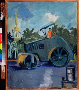 رصف الأسفلت. (آلة تضع أسفلت في الشارع). رسم ألكسندر إيزاكوفيتش روساكوف (1898-1952) ، زيت على قماش بواسطة ألكسندر إيزاكوفيتش روساكوف