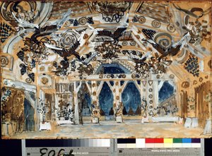 Decor pour la piece de theatre La Dame de la Mer de Henrik (Henri) Johan Ibsen (1828-1906) (تصميم مسرحي لمسرحية The Lady from the Sea للمخرج H. Ibsen). Oeuvre de Alexander Yakovlevich Golovin (Alexandre Golovine) (1863-1930) ، كرتون باستيل سور بواسطة ألكسندر ياكوفليفيتش جولوفين