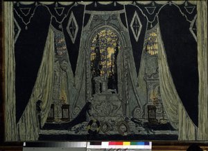 ديكور أوبرا "Le guest de pierre" لألكسندر دارغوميسكي (1813-1869) (تصميم المسرح لأوبرا The Stone Guest للفنان A. Dargomyzhsky). عمل الكسندر ياكوفليفيتش جولوفين (الكسندر جولوفين) (1863-1930) ، زيت على خشب