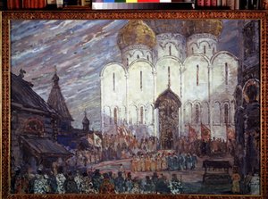 ديكور تحضيري لأوبرا "بوريس غودونوف" لموديست موسورجسكي (1839-1881) (تصميم مسرحي لأوبرا بوريس غودونوف بقلم إم موسورجسكي). عمل الكسندر ياكوفليفيتش جولوفين (الكسندر جولوفين) (1863-1930) ، الغواش على الورق المقوى بواسطة ألكسندر ياكوفليفيتش جولوفين